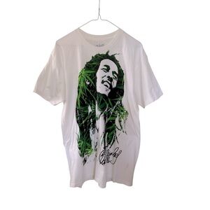 Bob Marley Ganja Weed T Shirt White & Green Cotton Crew Neck Reggae Music NEW
